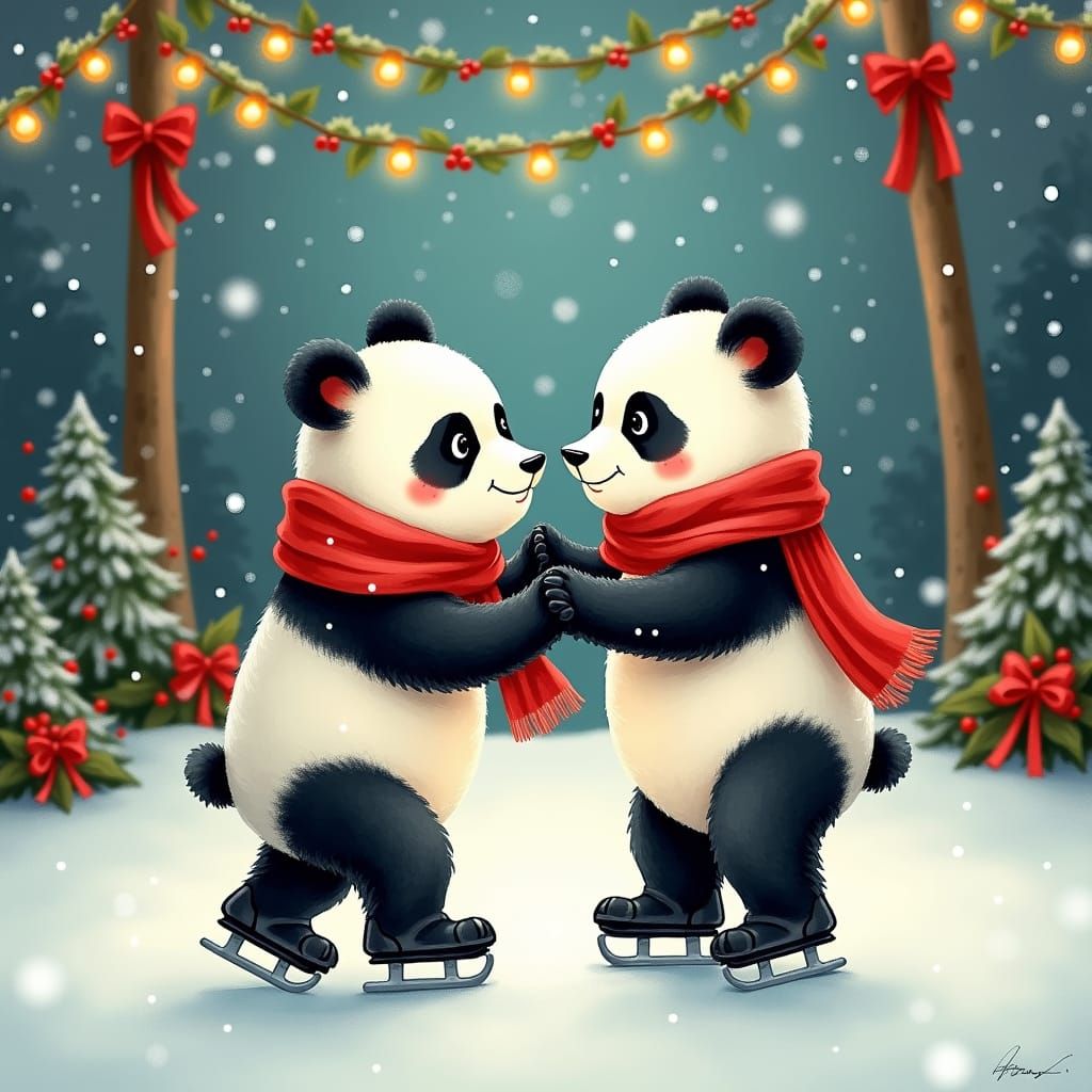 Pandas Ice Skating in Christmas Wonderland
