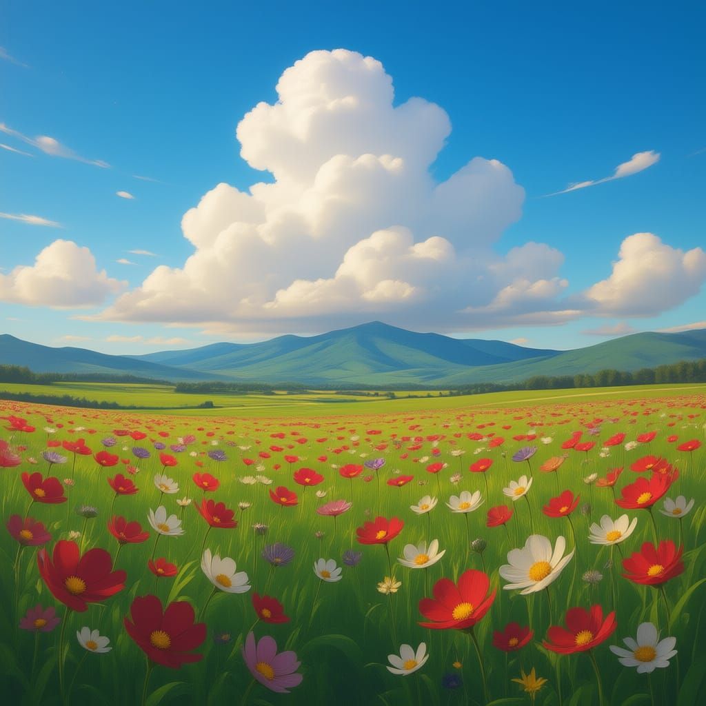 Anime Countryside Field with Cosmos Flowers and Cloudscape