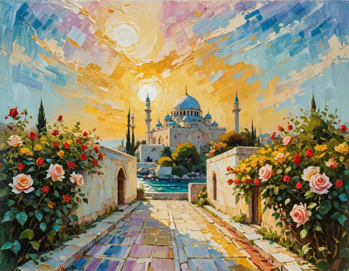 Mosque and Roses: Neo-Impressionist Impasto Oil Painting