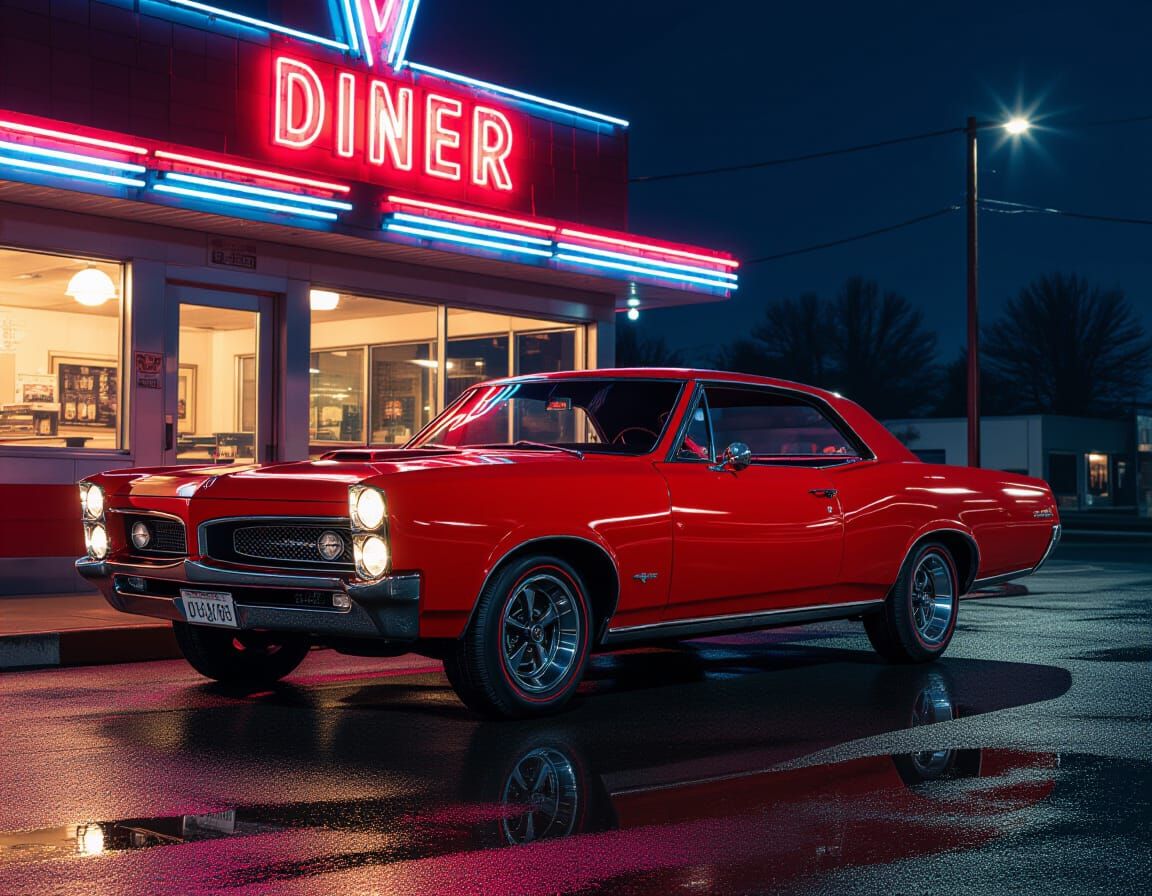 1967 Pontiac GTO at Retro Diner at Night
