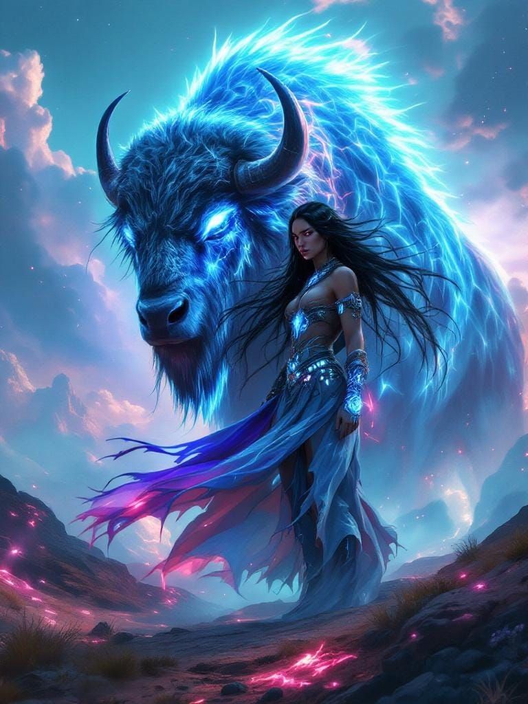 Neon Native American Warrior with Ghost Bison in Surreal Sty...