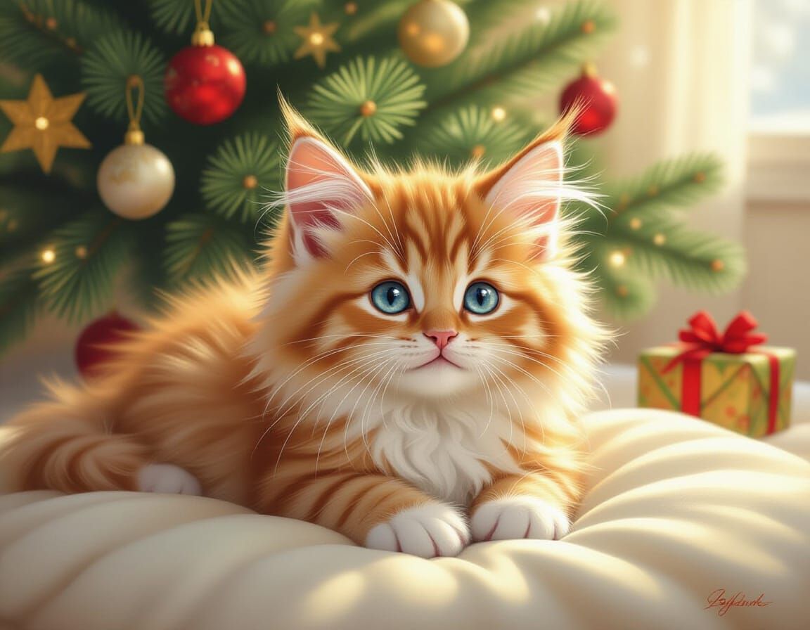 Fluffy Kitten Close-Up in Sunny Watercolor Style