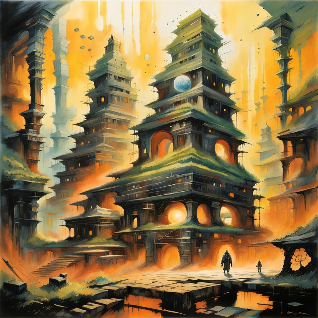 Futuristic Warrior in Mysterious Ancient Ruins