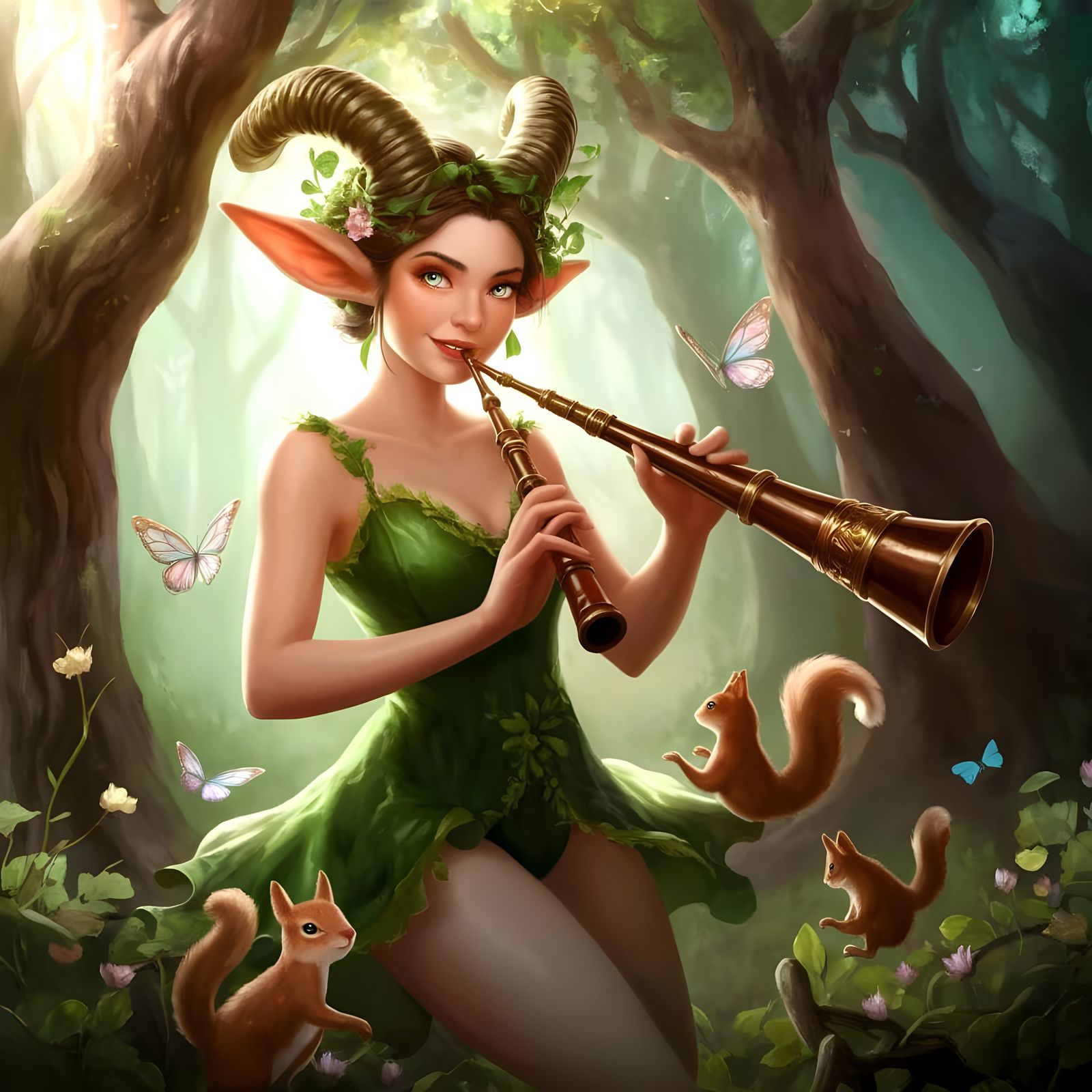 Youthful Faun Plays Panpipes in Forest Glade