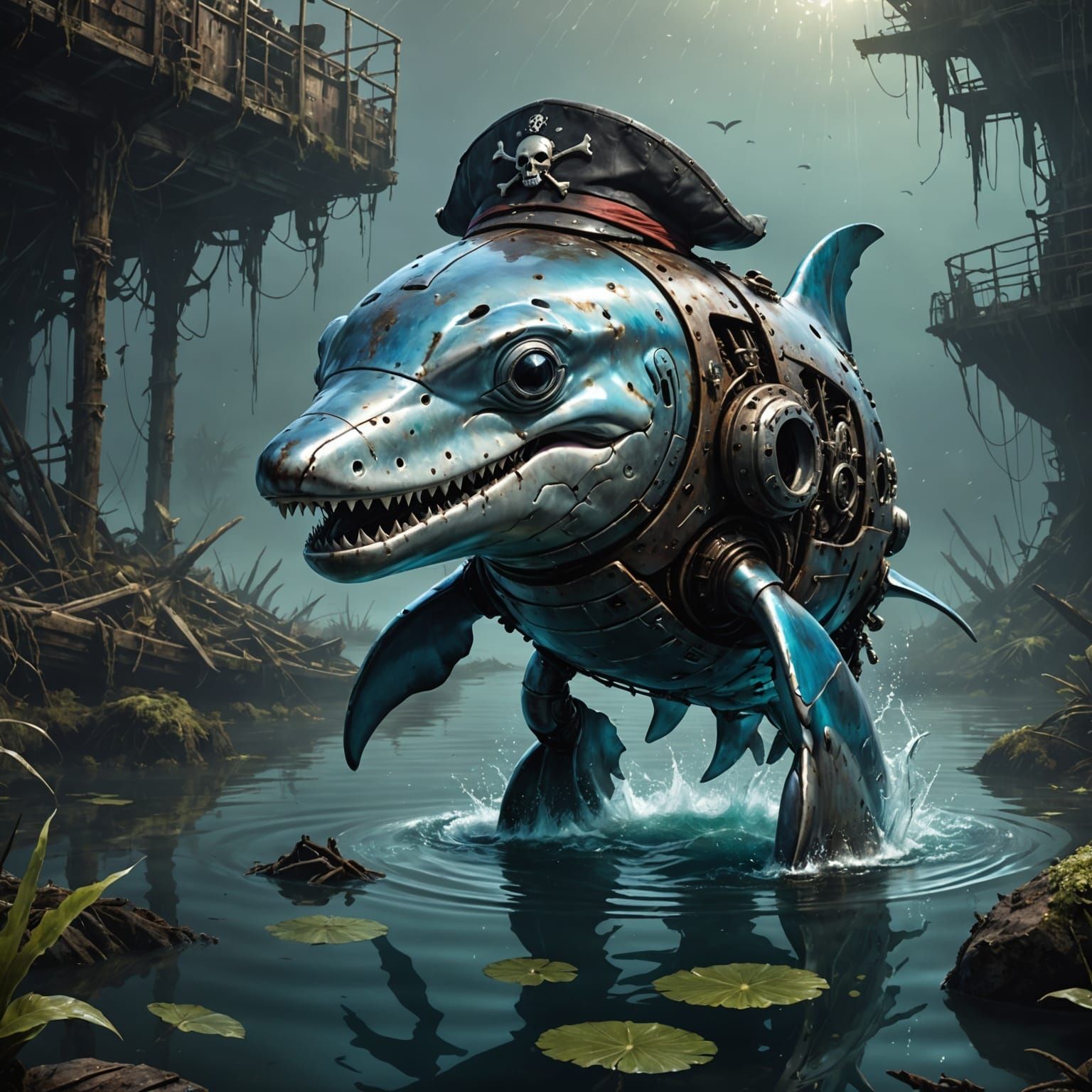 Robot Dolphin Pirate in Post-Apocalyptic Swamp