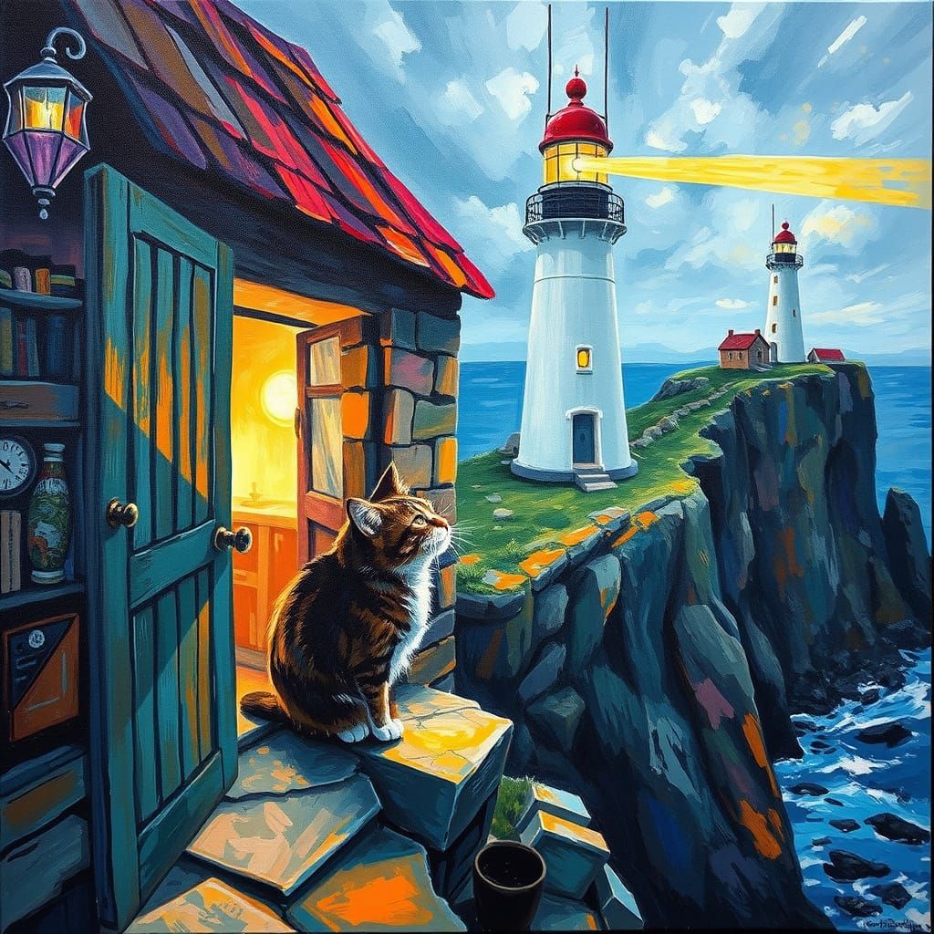 Cat Chasing Lighthouse Beam in Impressionist Oil Painting