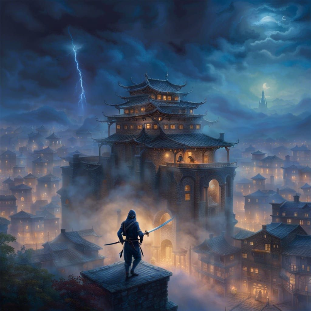Ninja on Building at Night in Ethereal Style