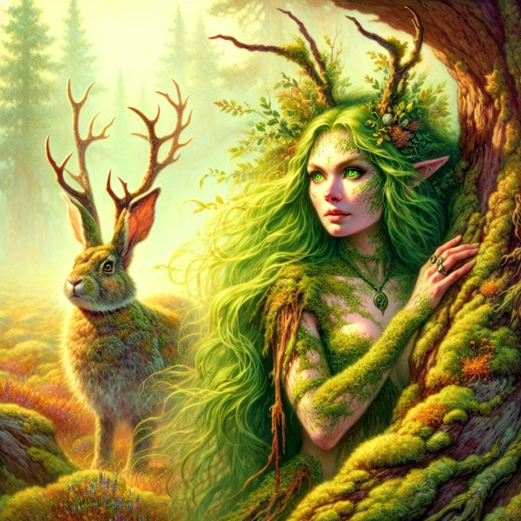 Ethereal Druid and Jackalope in Misty Landscape