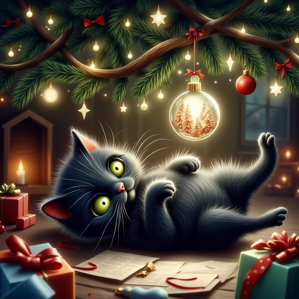 Whimsical Kitten and Christmas Tree Ornament