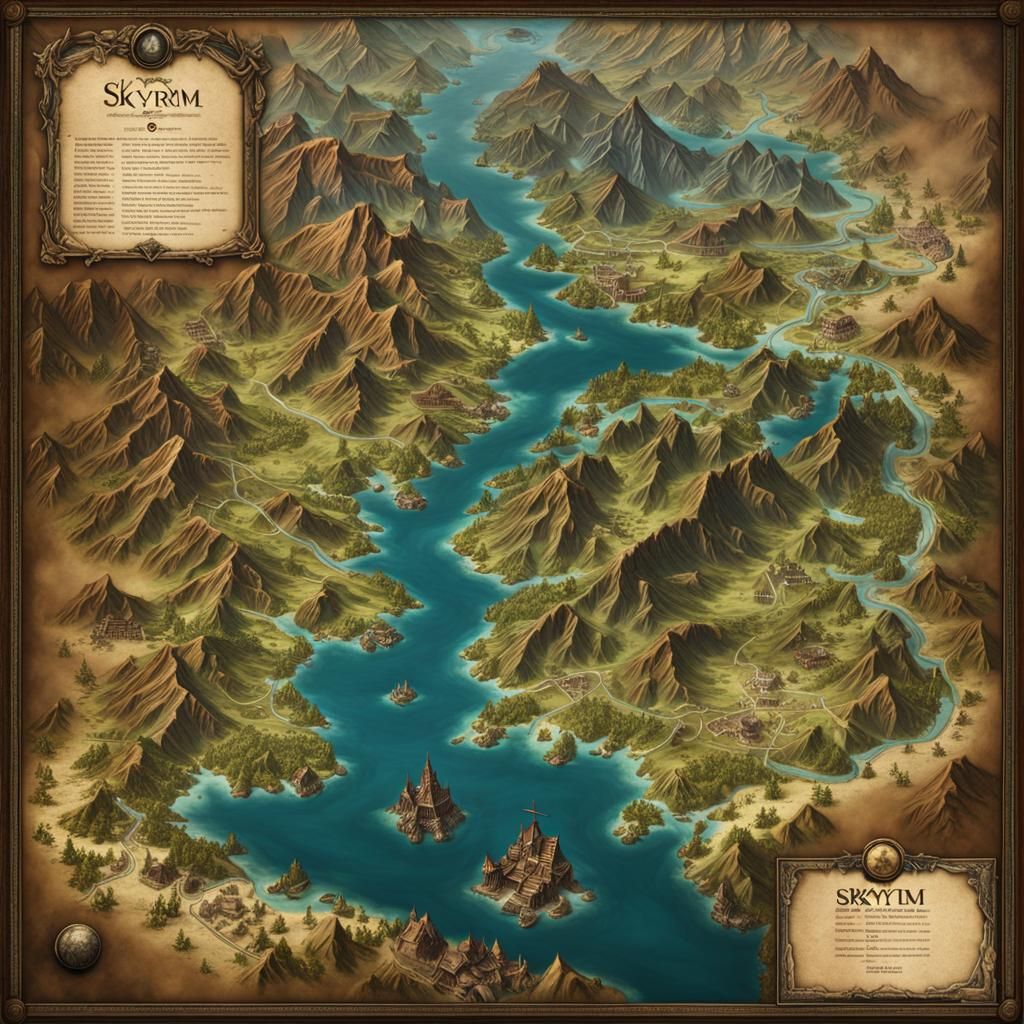 Detailed Skyrim Map with Mountains and Bridges