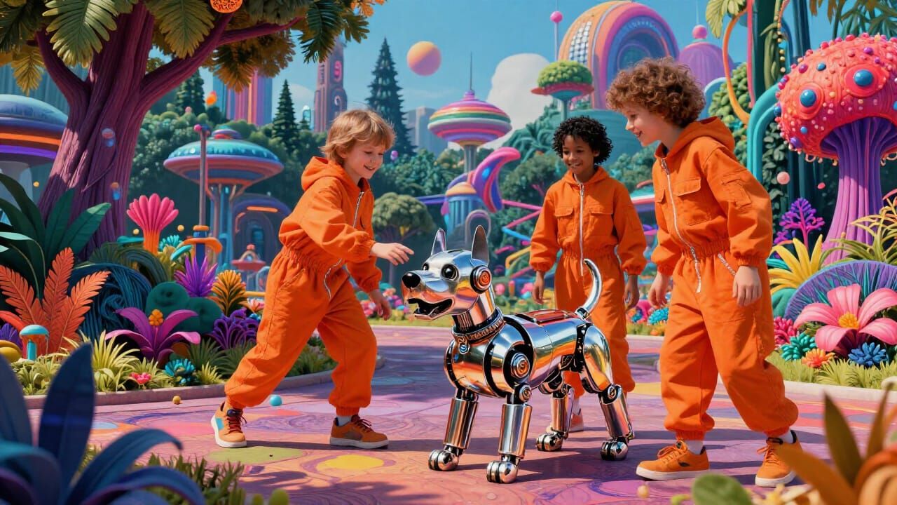 Children Play With Robot Dog in Retro Futuristic Park
