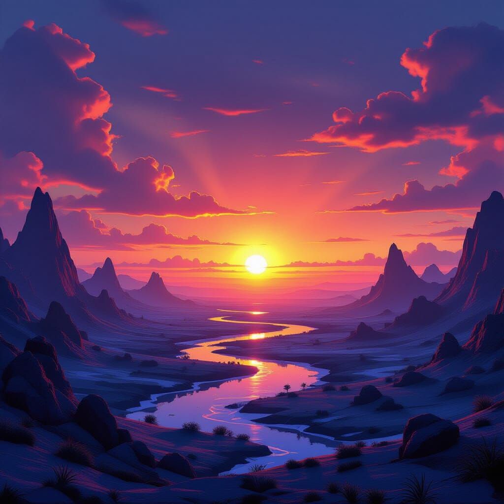Mystical Alien Sunrise Over Fantastical Landscape
