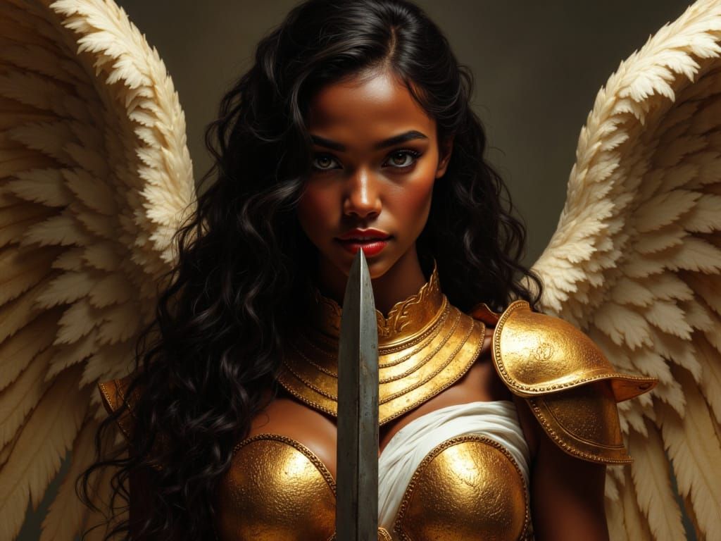 African Winged Goddess in Gold Armor, Hyperrealistic Style