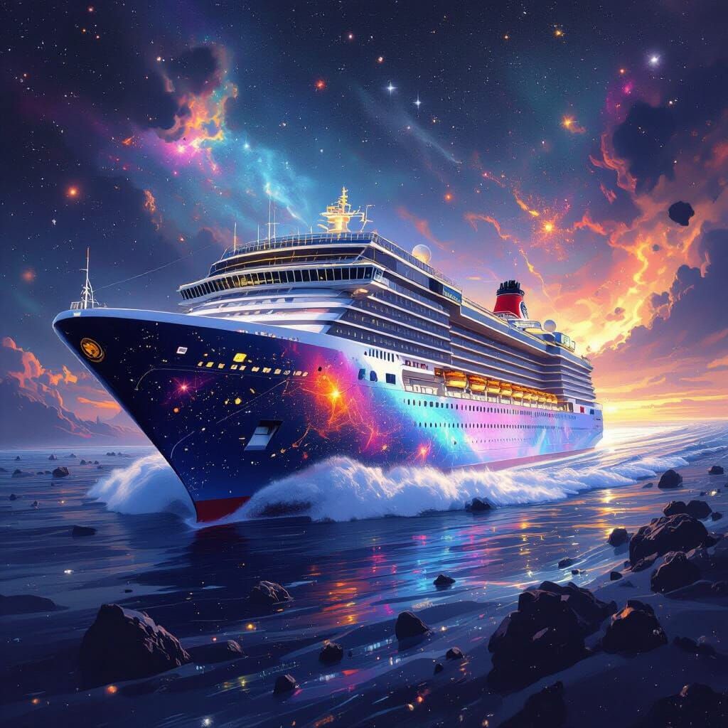 Cosmic Cruise Ship Adorned with Nebulae in Retro-Futurism