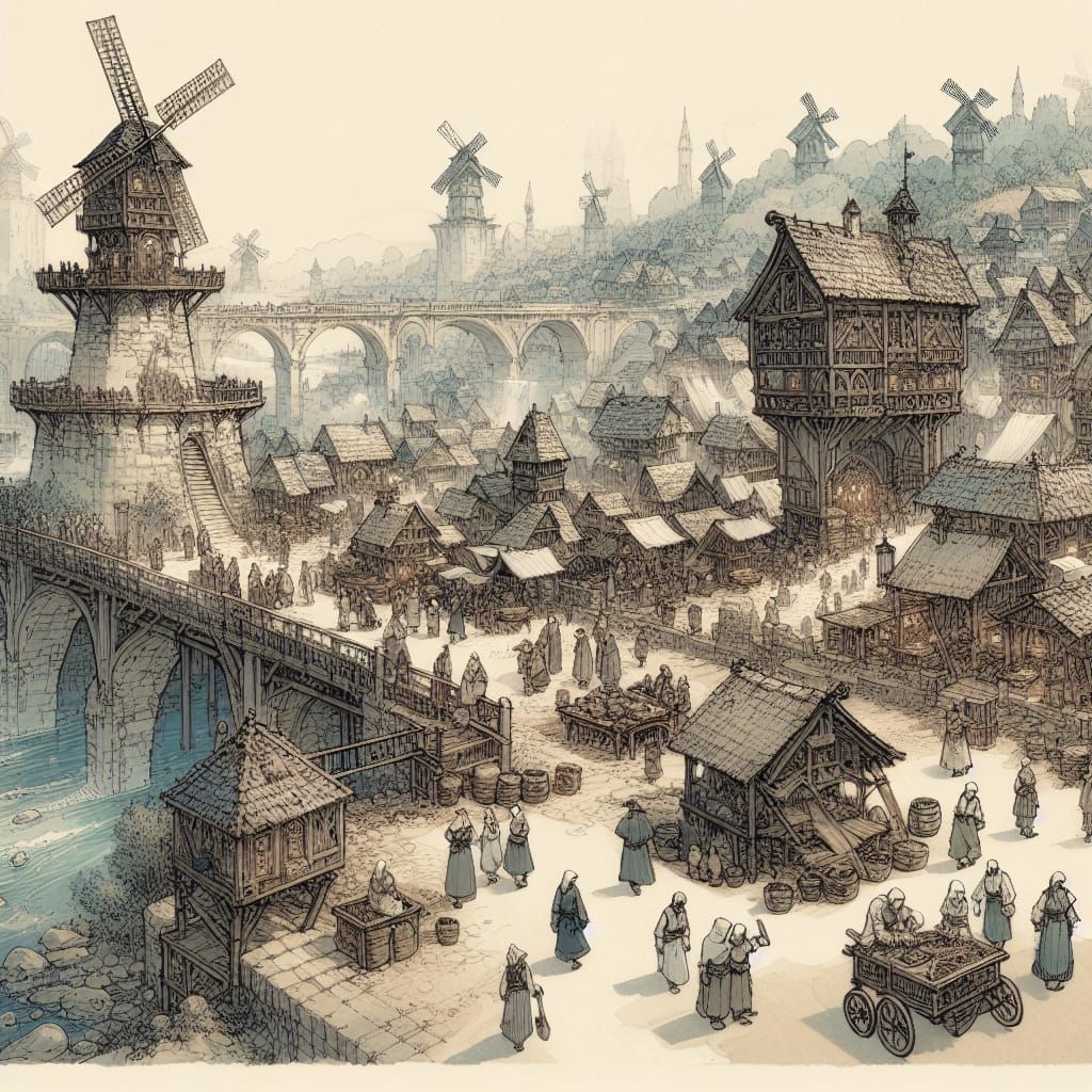 Lively Medieval Bridge Town in Anime Style