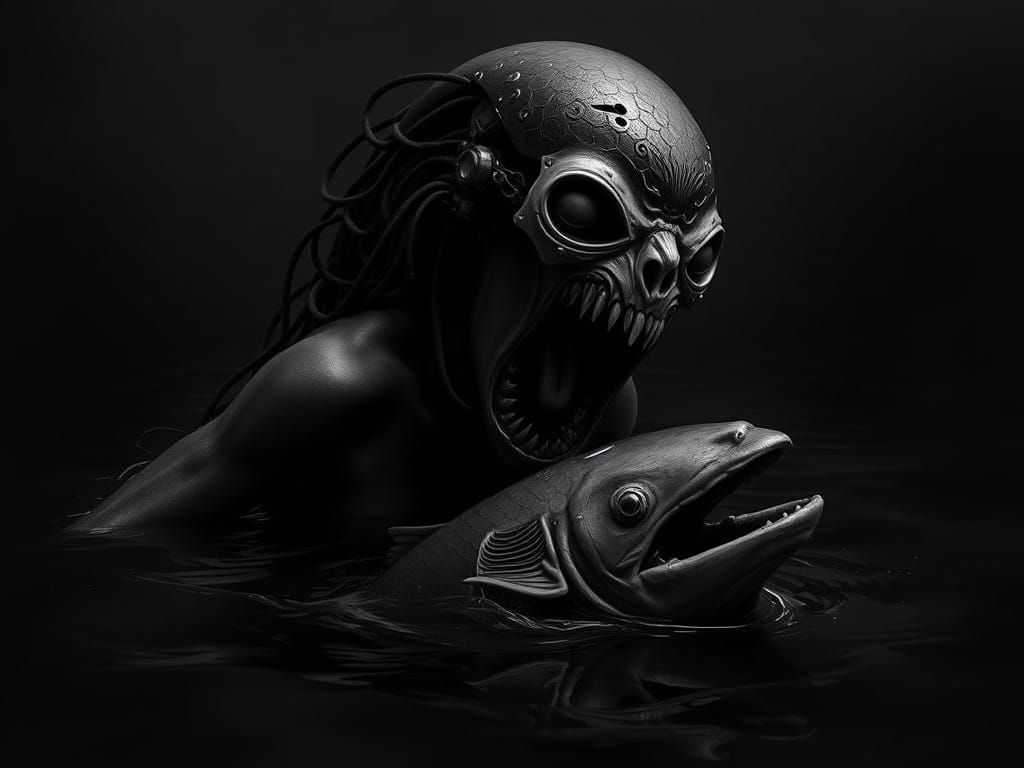 Cyberpunk Goddess Emerges from Dark Waters, Biting into a Gr...