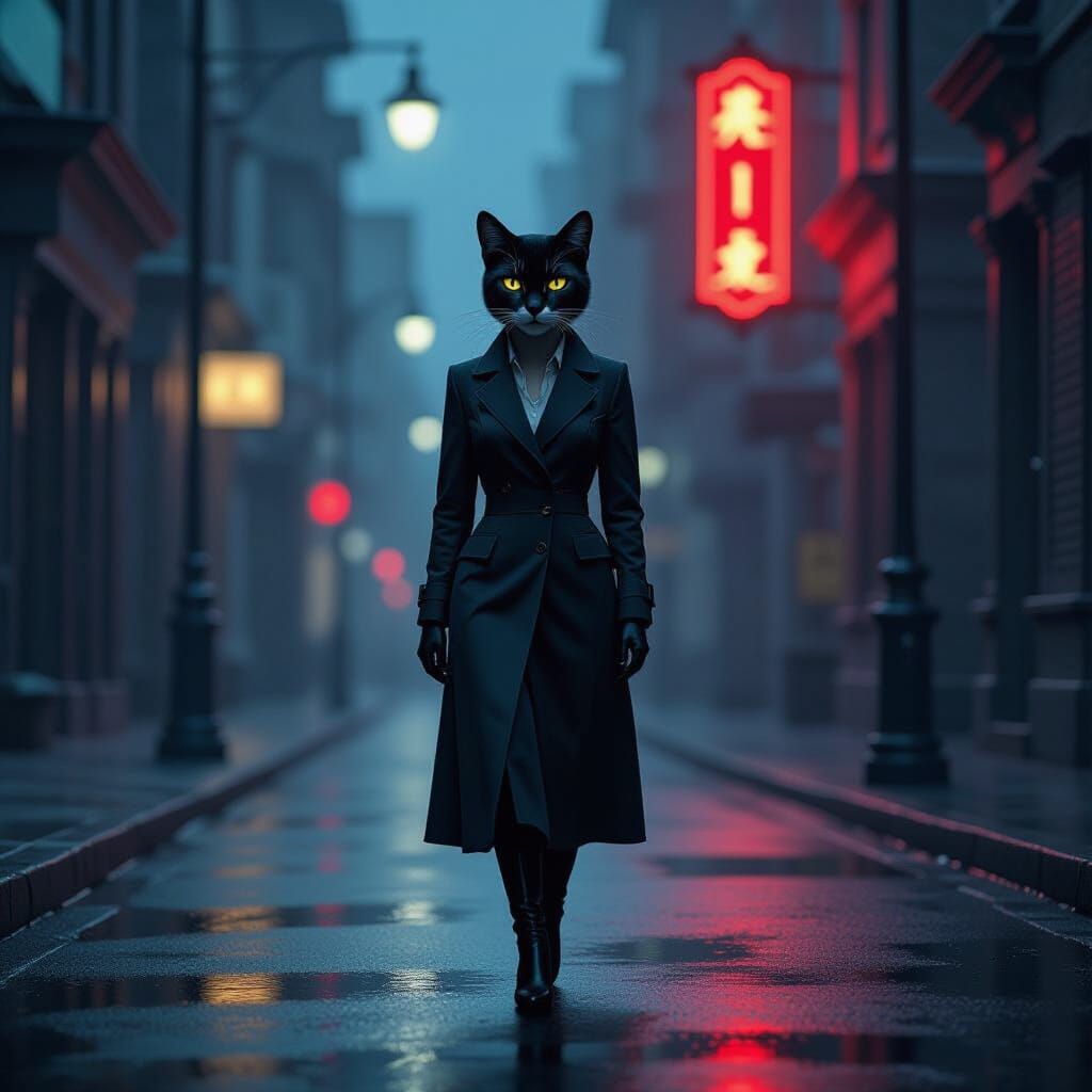 Cheetah Detective in Noir Style on Rainy Street