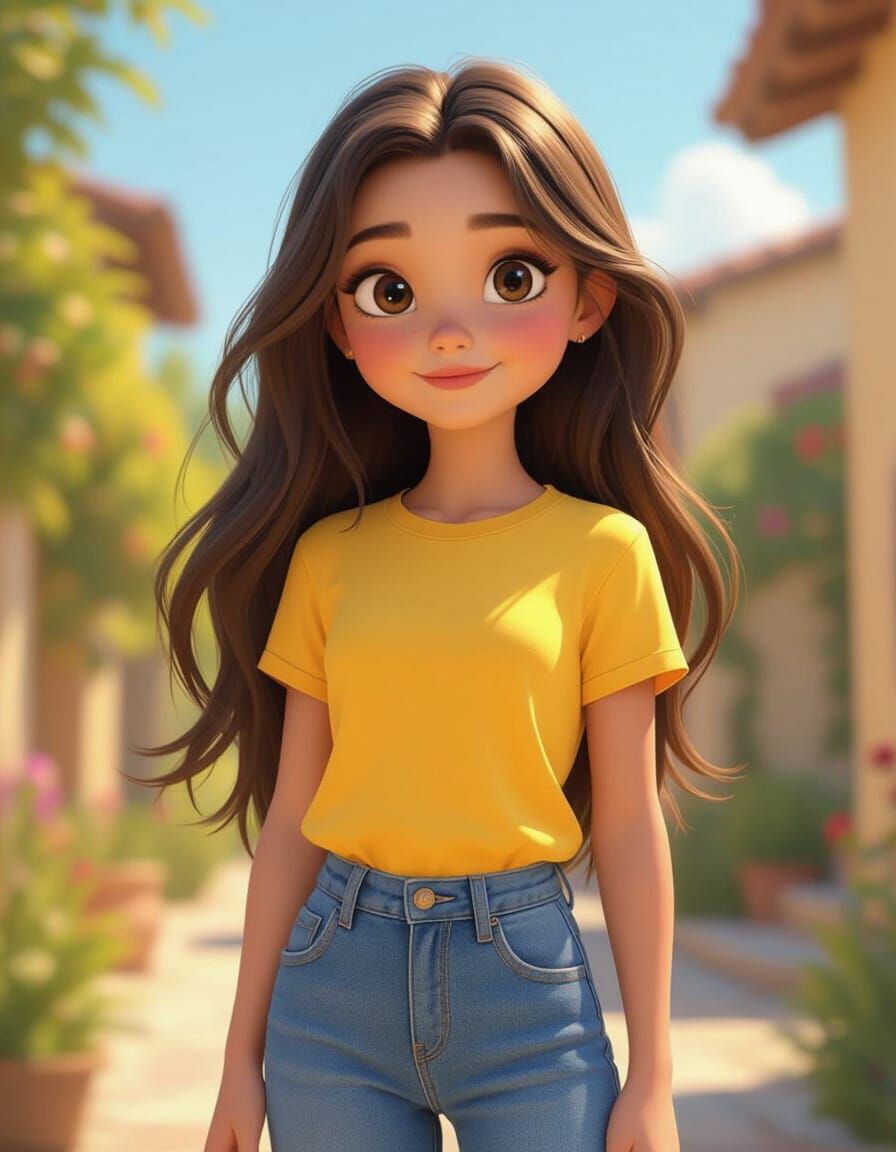 Pixar-Style Young Girl in Casual Outfit and Sunny Setting