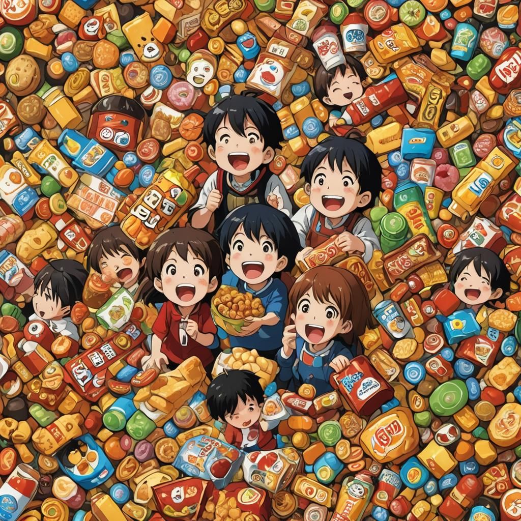 Kids Surrounded by Snacks in Anime Style