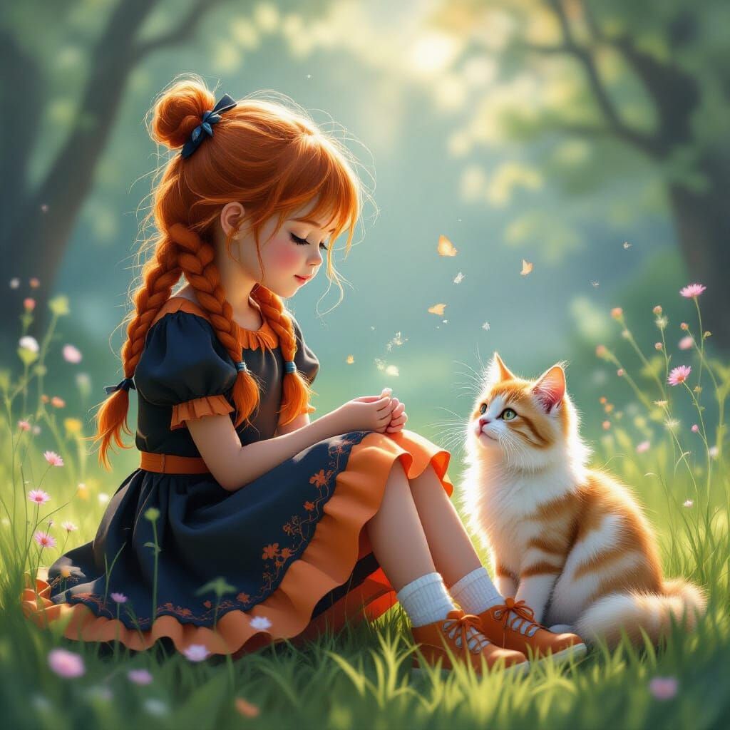 Dreamy Girl with Orange Hair and Pastel Cat, Fairy Tale Styl...