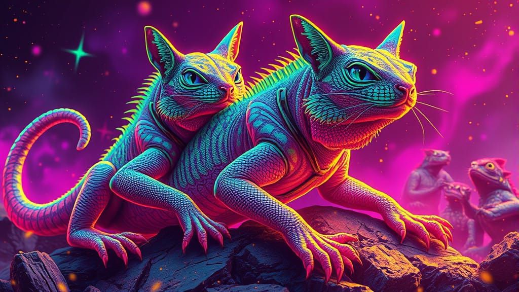 Surreal Neon Lizard Cats in Holographic Chaos