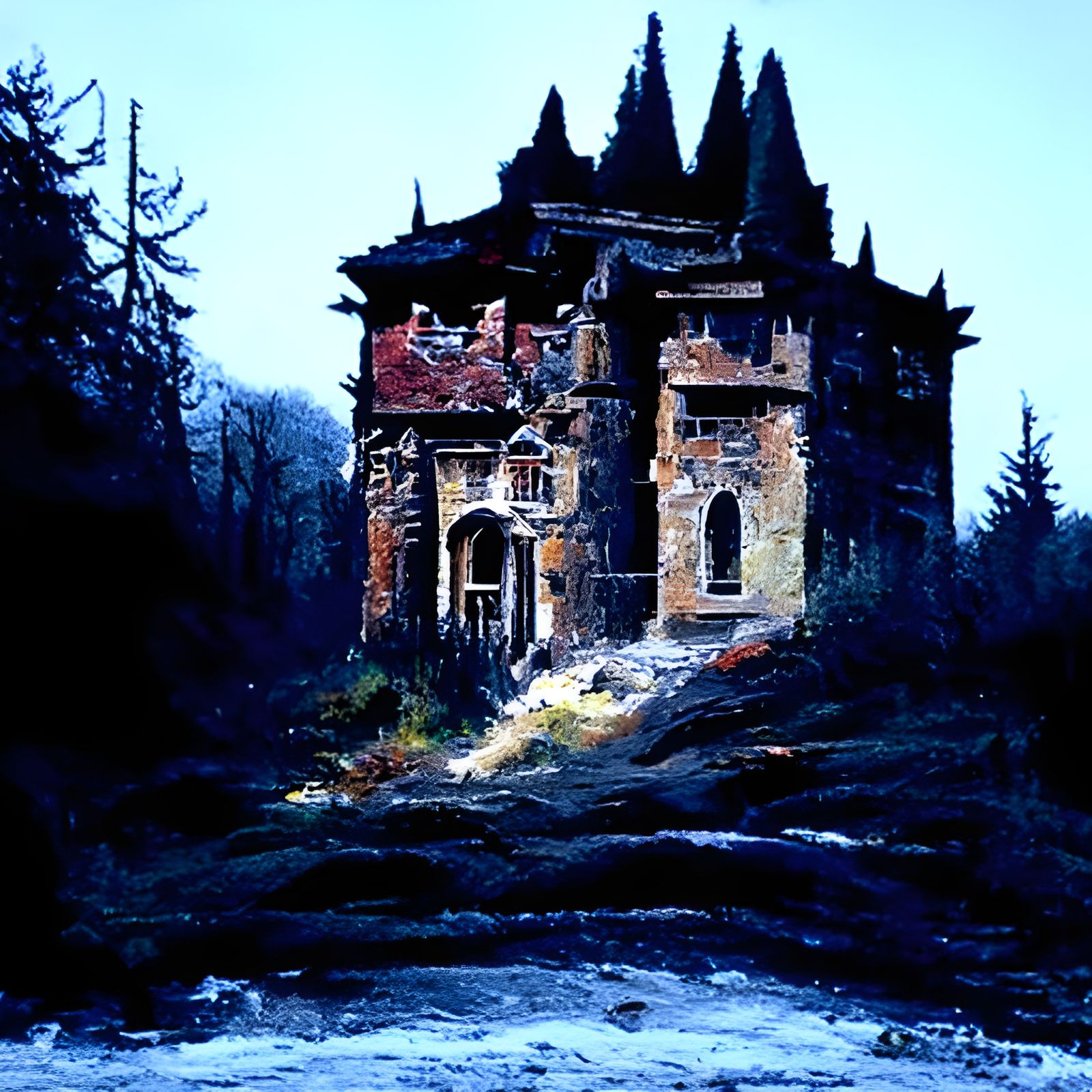 Dracula's Castle: Abandoned House in Oil Painting Style