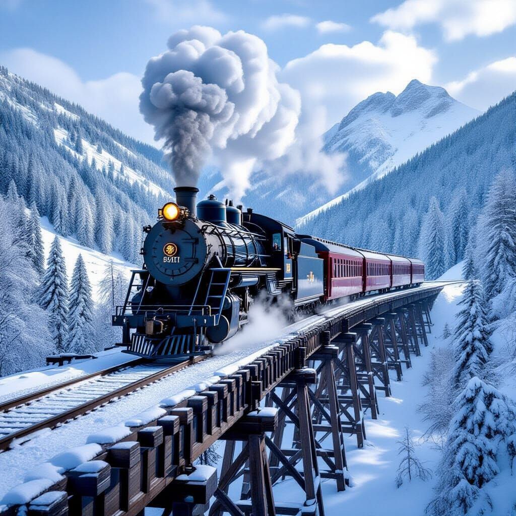 Epic Steam Train Crosses Snowy Trestle in Winter