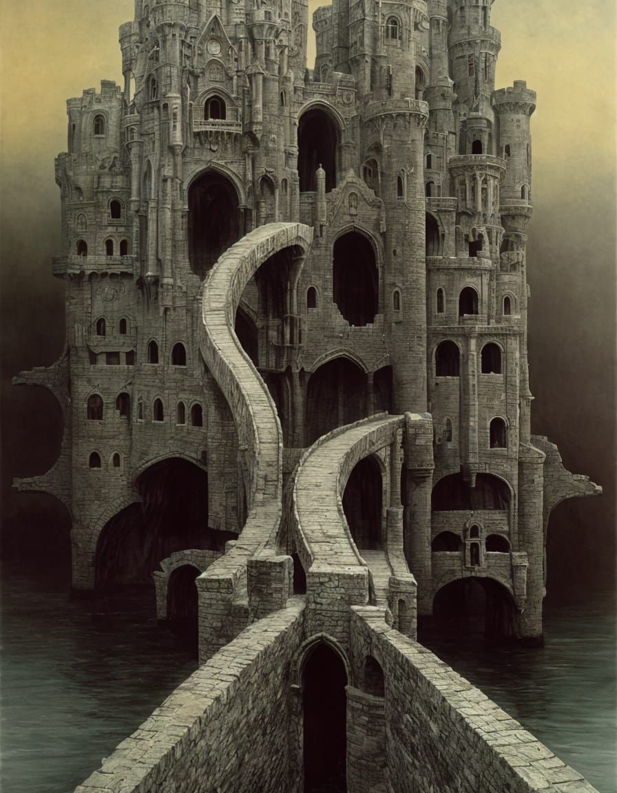 Surreal Castle with Three Drawbridges in a Dreamlike Landsca...