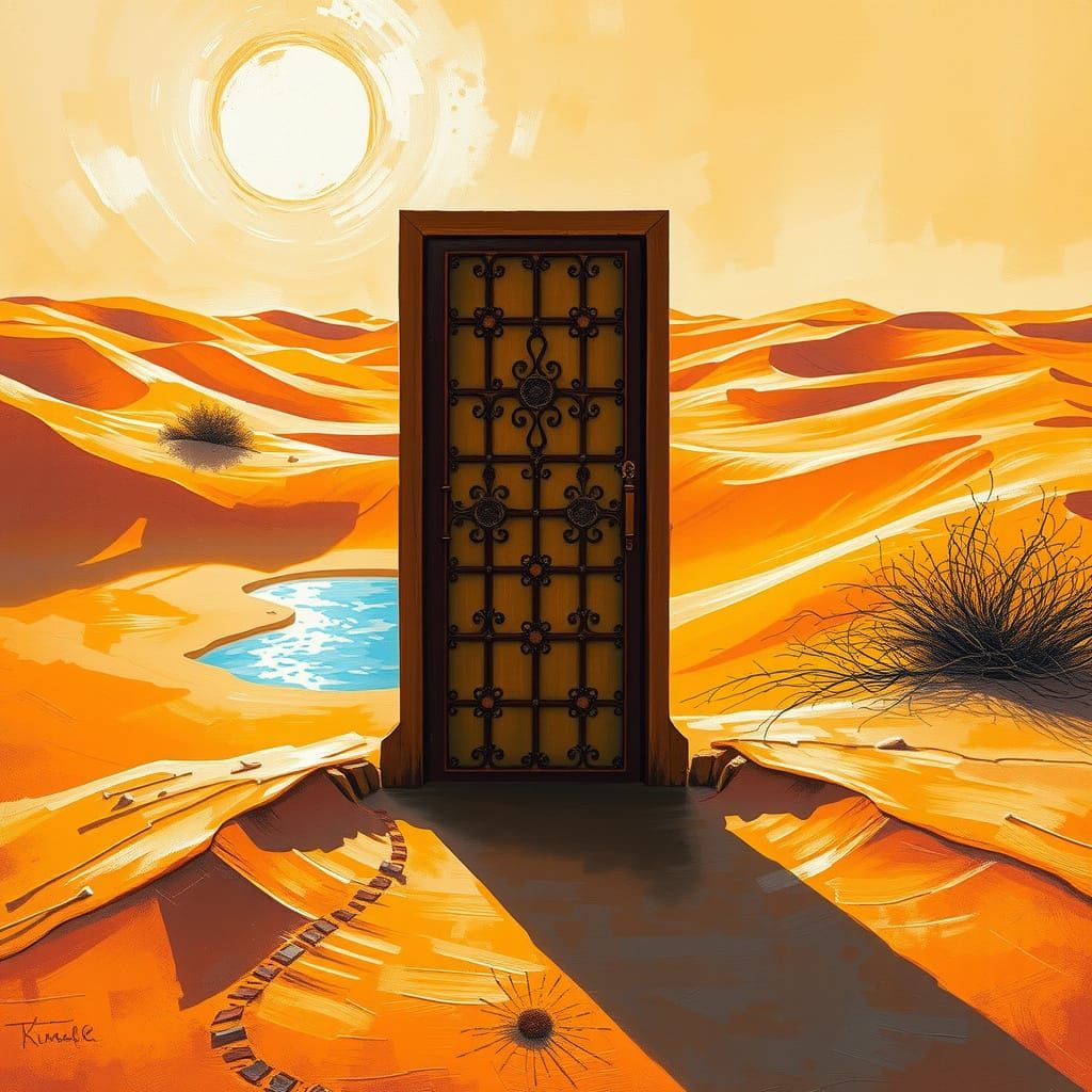 Desert Oasis: Rusted Door in Oil Painting Style