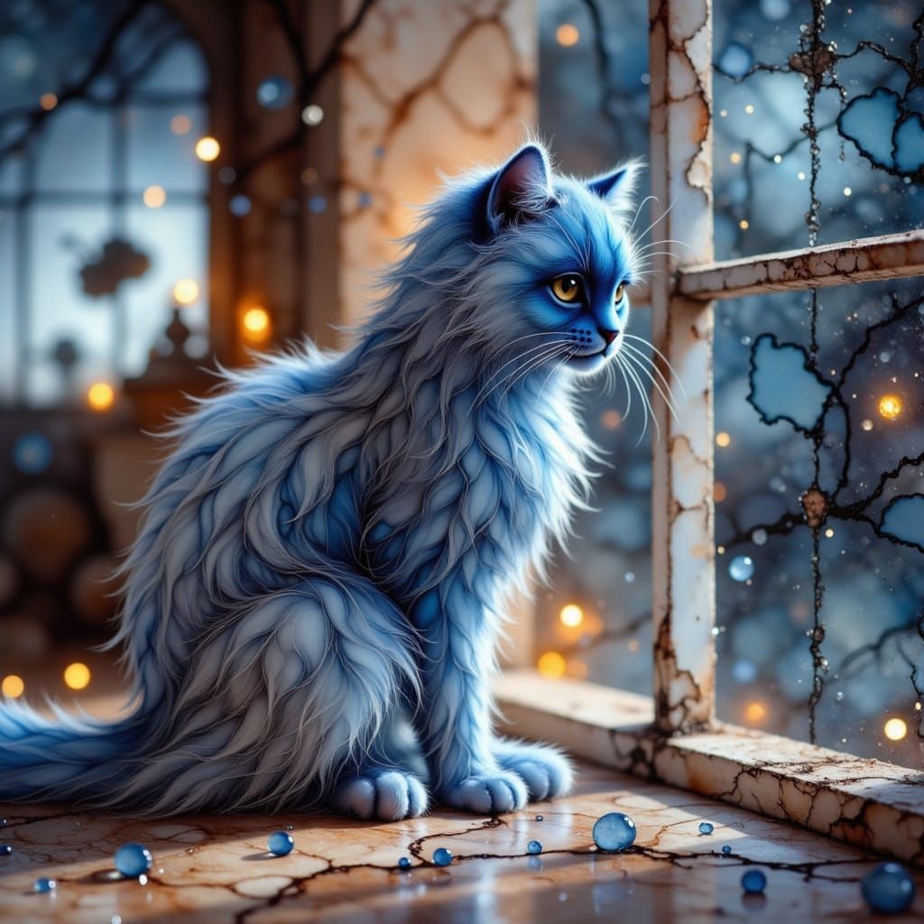 Whimsical Blue Cat Contemplates Stormy Day