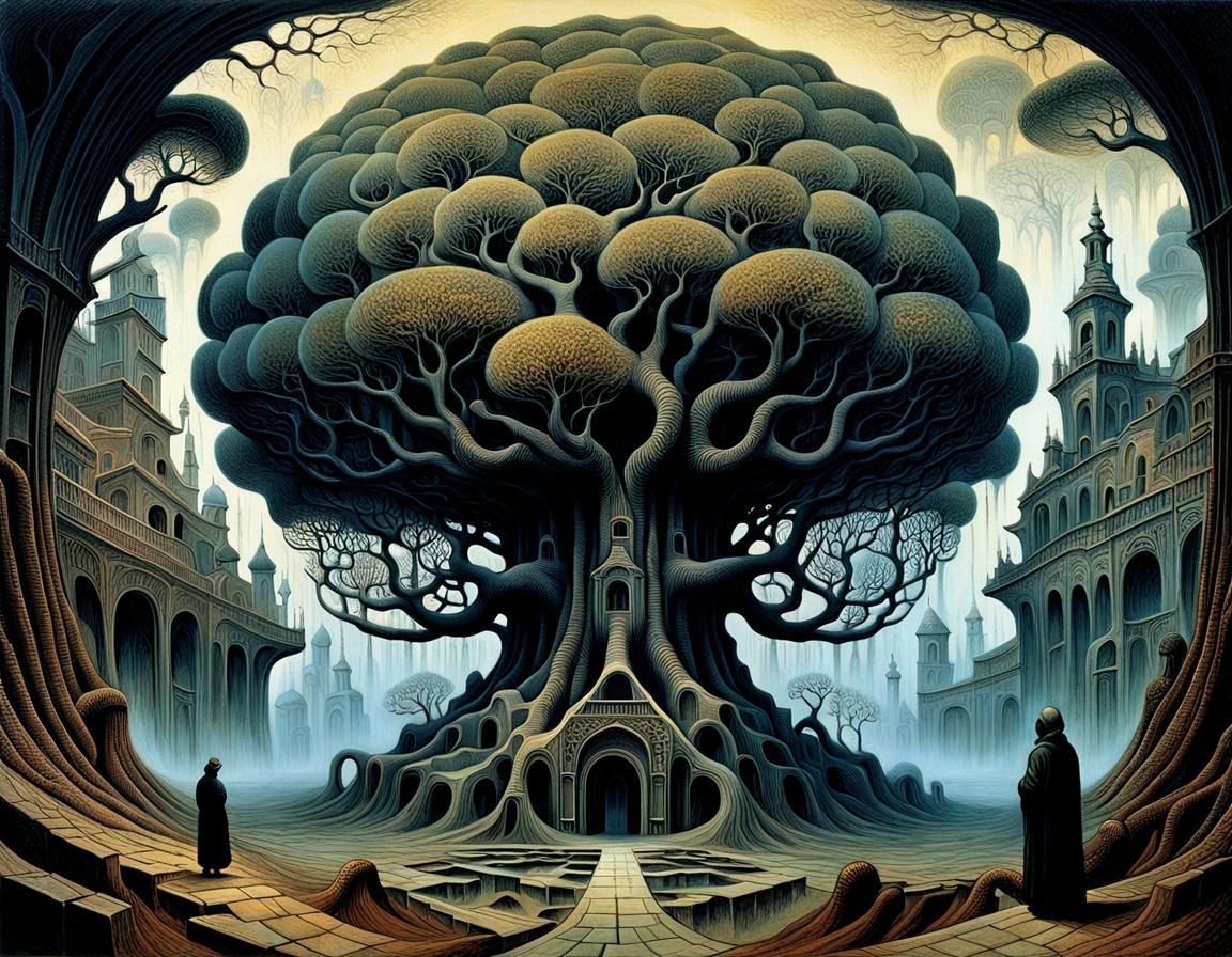 Surreal Tree Structure at Sunset in Dreamlike Art