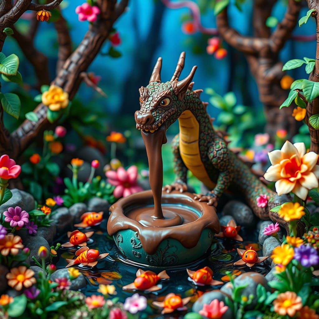 Chocolate Dragon Fountain in Magical Forest, Claymation Styl...