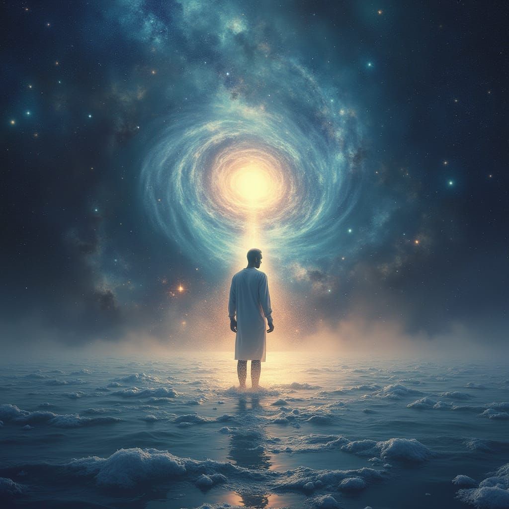 Man on Galaxy Ocean with Divine Aura