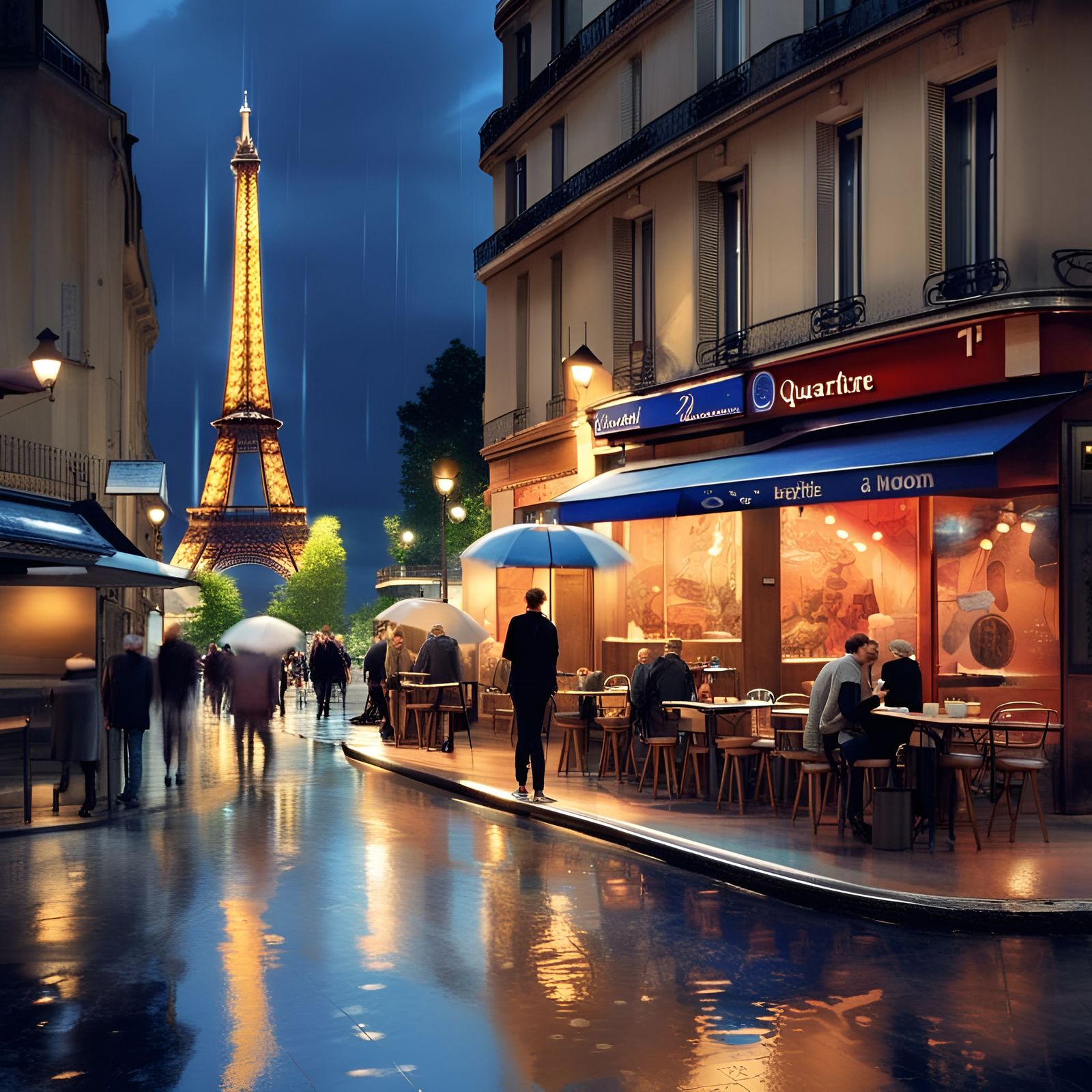 Quartier Latin at night with Eiffel Tower and moon