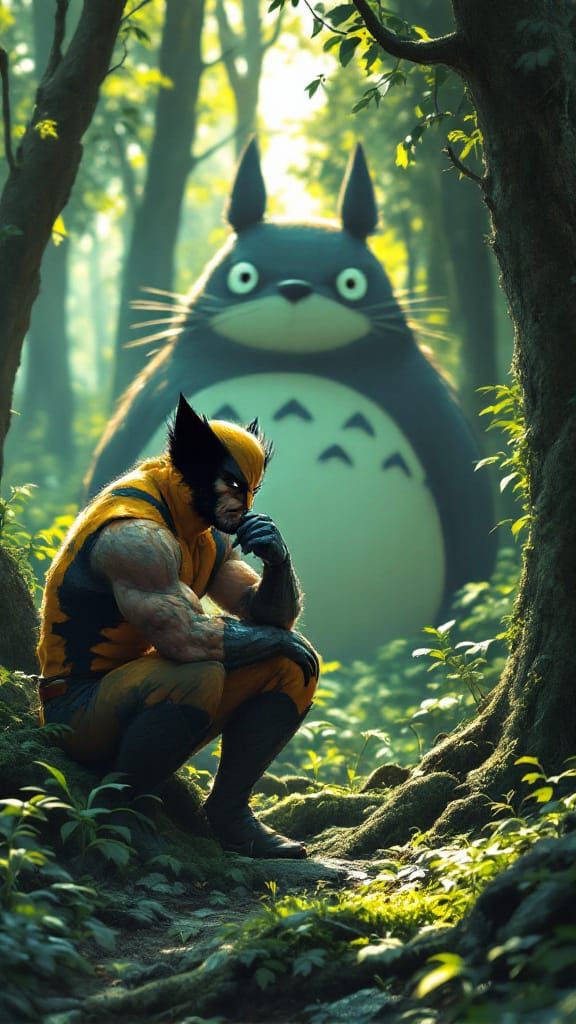 Wolverine and Totoro in Ghibli Forest