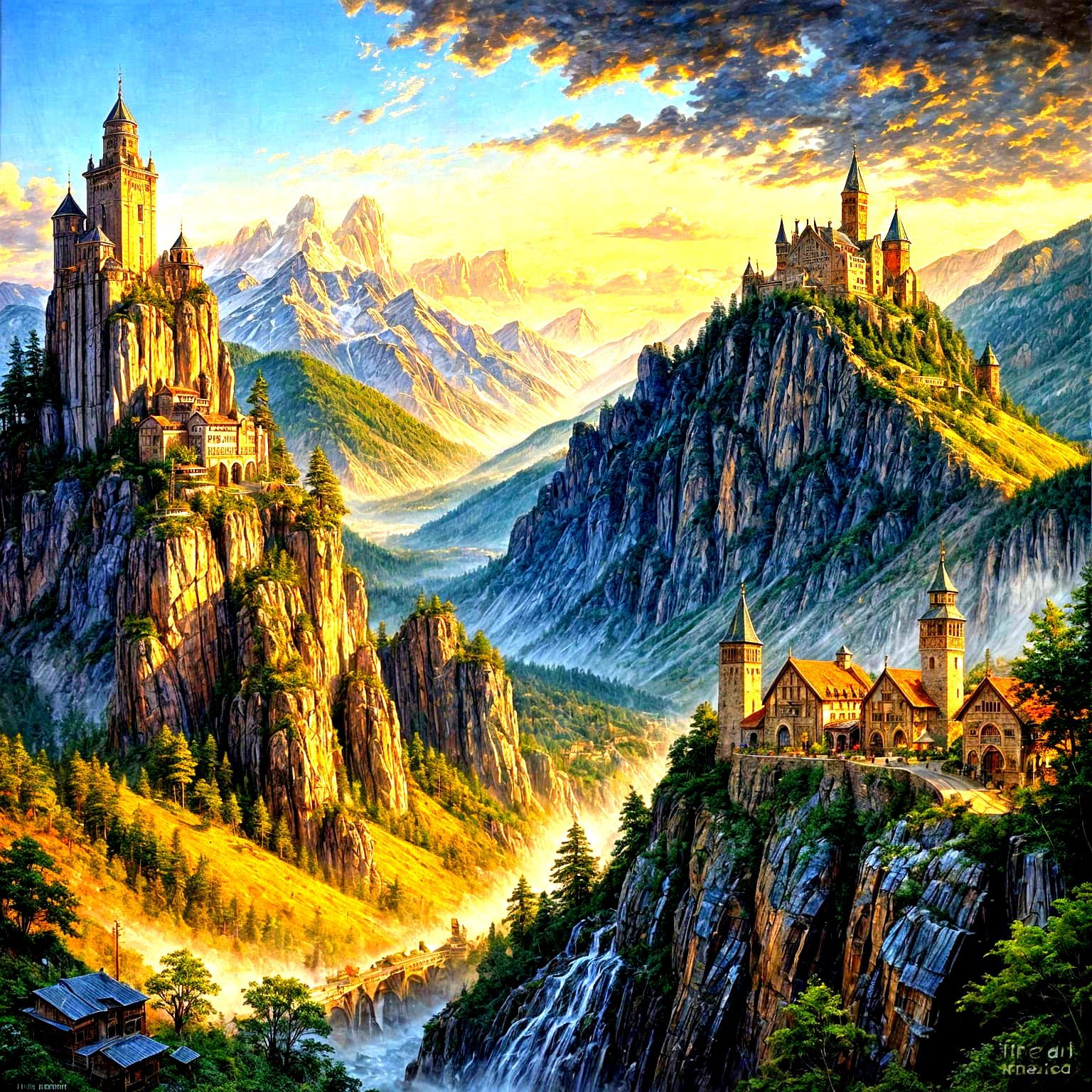 Mountain Cityscape in Whimsical Oil Painting Style