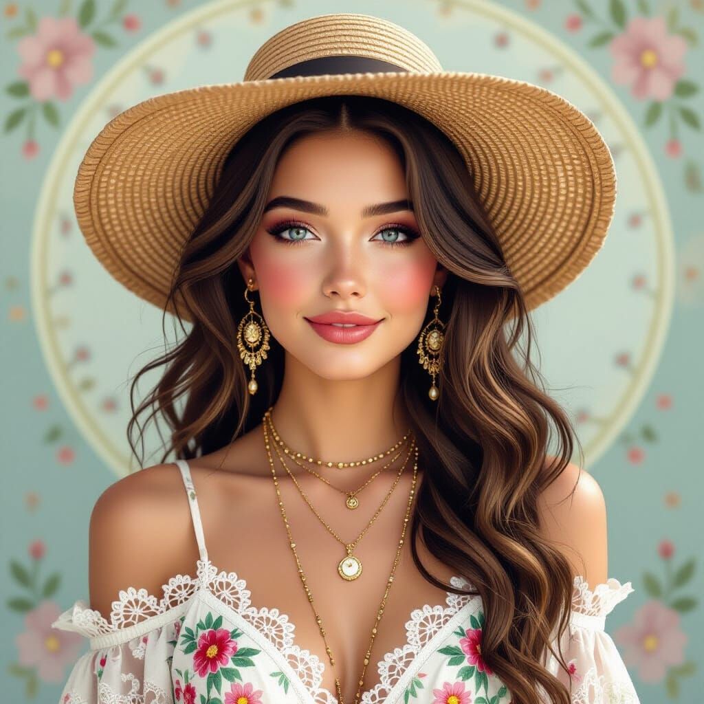 Woman in Straw Hat, Art Nouveau Style