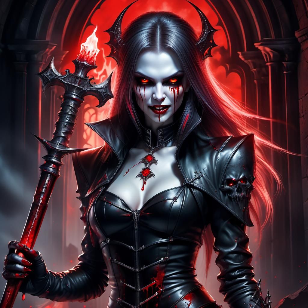 Airbrush masterpiece with a beautiful vampire girl holding a sacred scepter