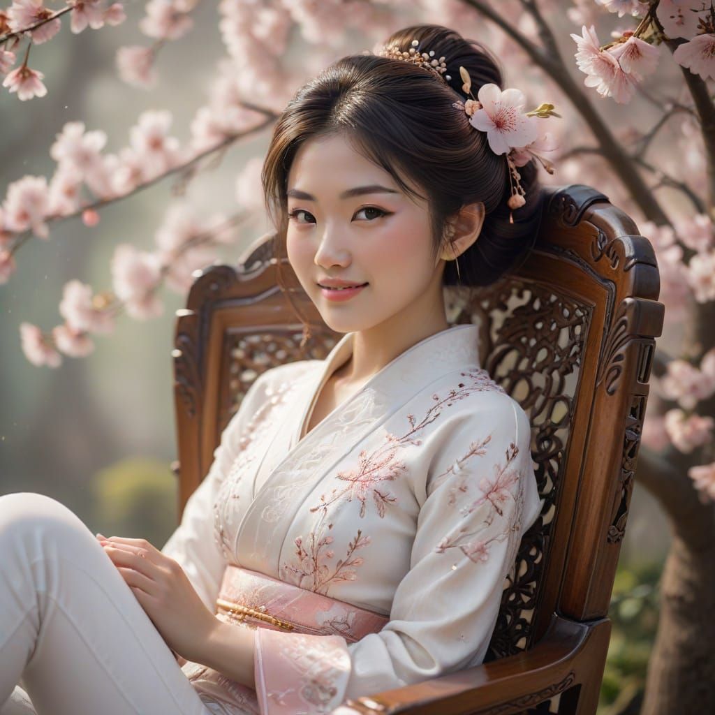 Japanese Geisha in Modern Attire with Cherry Blossoms