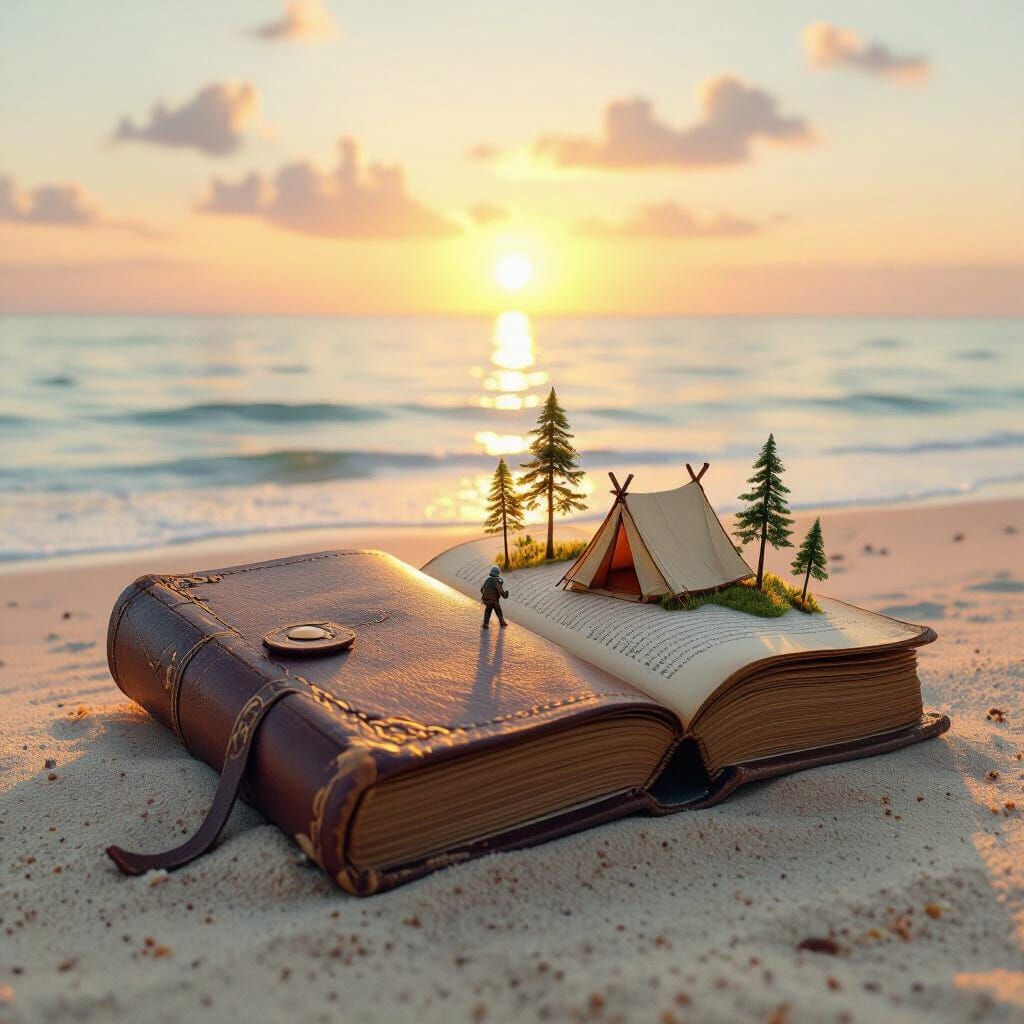 Whimsical Book with Tent and Trees by the Ocean at Sunset