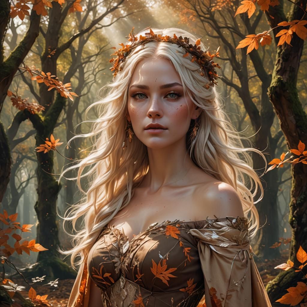 Forest Goddess with Flowing Hair and Forest Cats