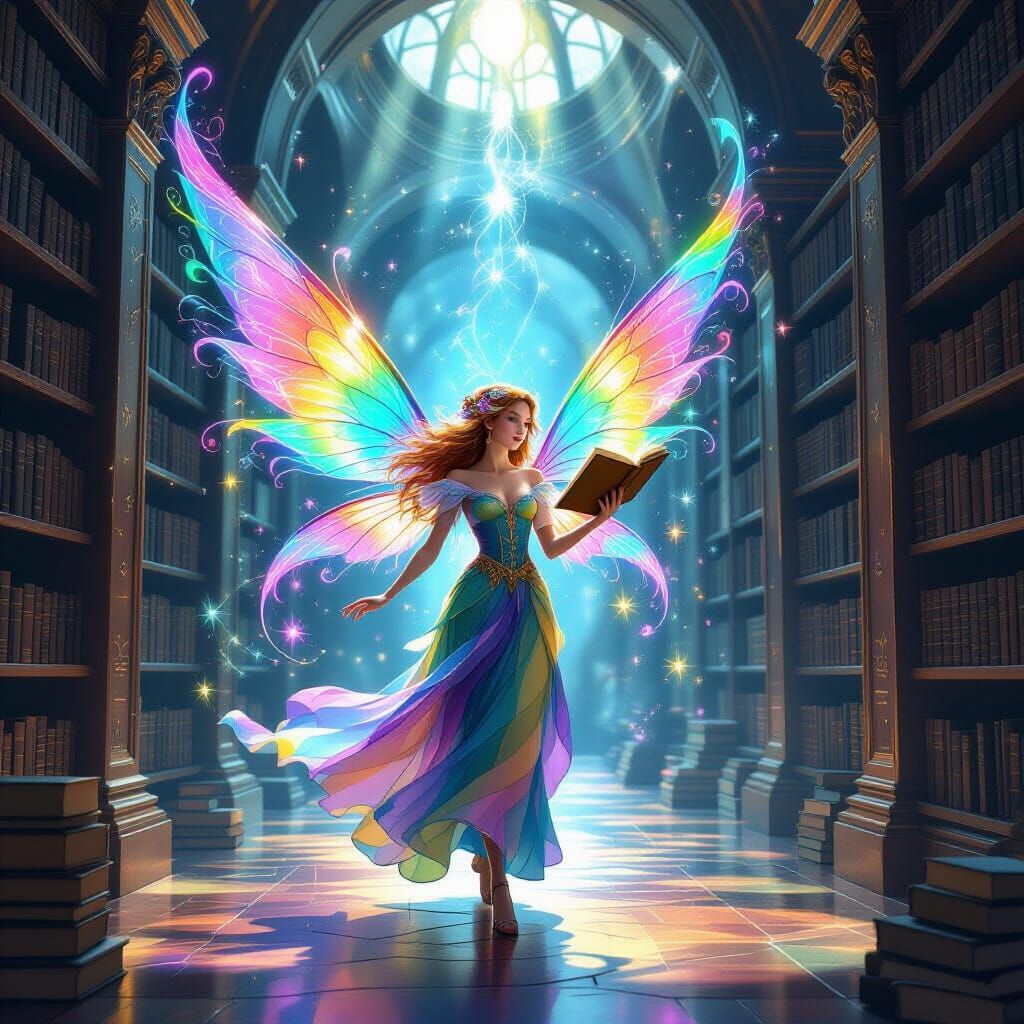 Ethereal Library With Ascending Spirits and Fairy