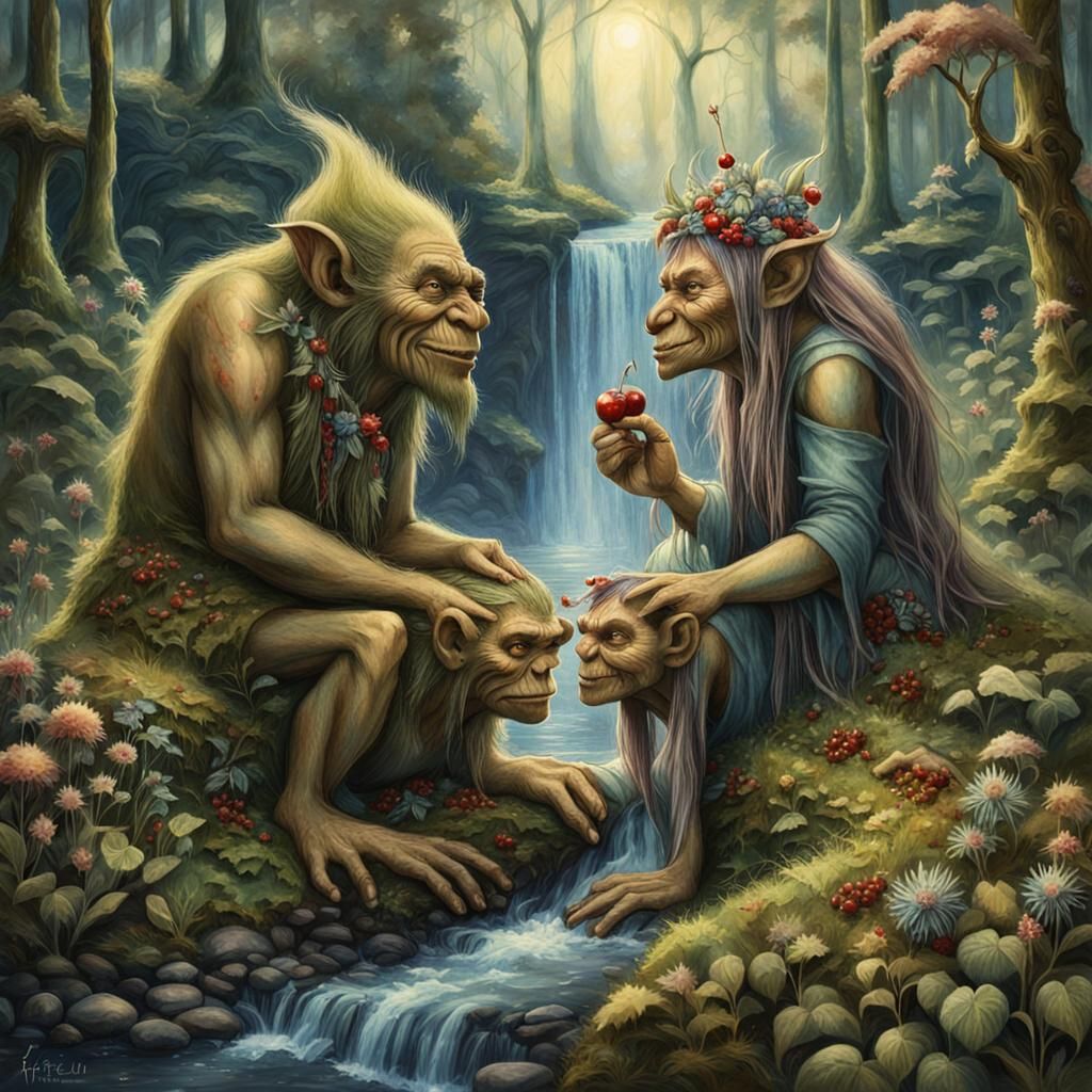 Troll and Kikimora in Enchanted Forest Clearing