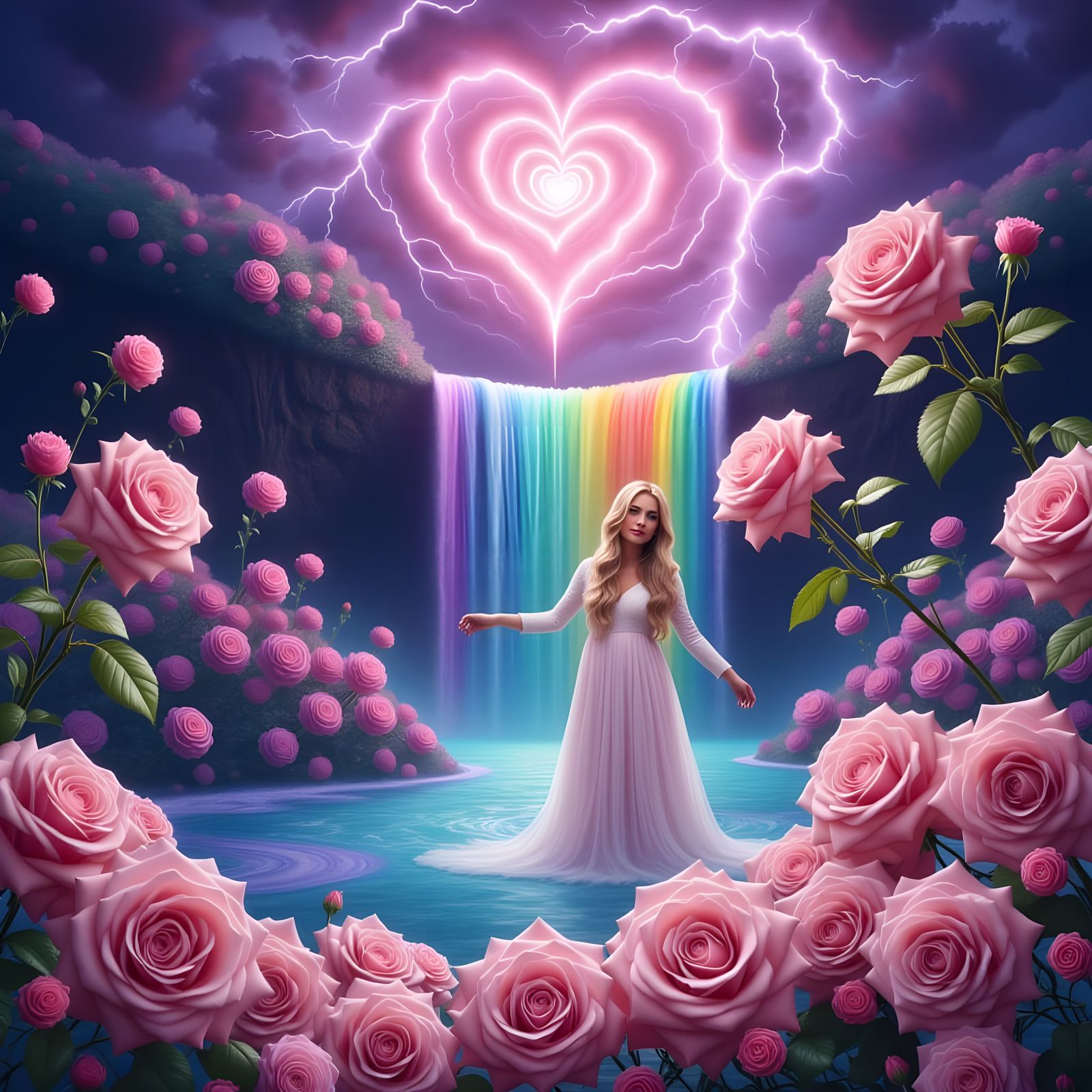 Heart Lightning over Rainbow Waterfall with Roses