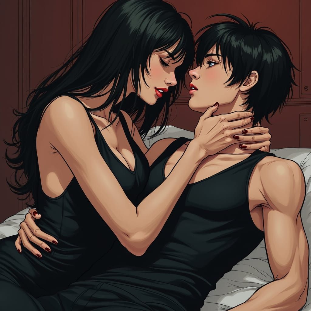 Dominant Woman Anime Sketch with Submissive Male