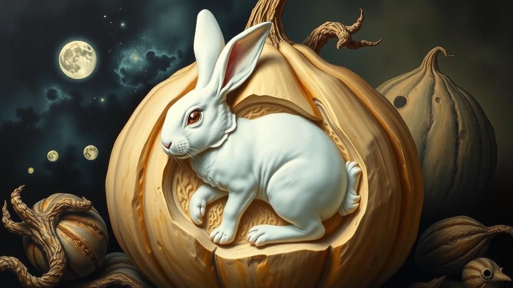 Surreal Bunny Bas-Relief Carved in Gourd