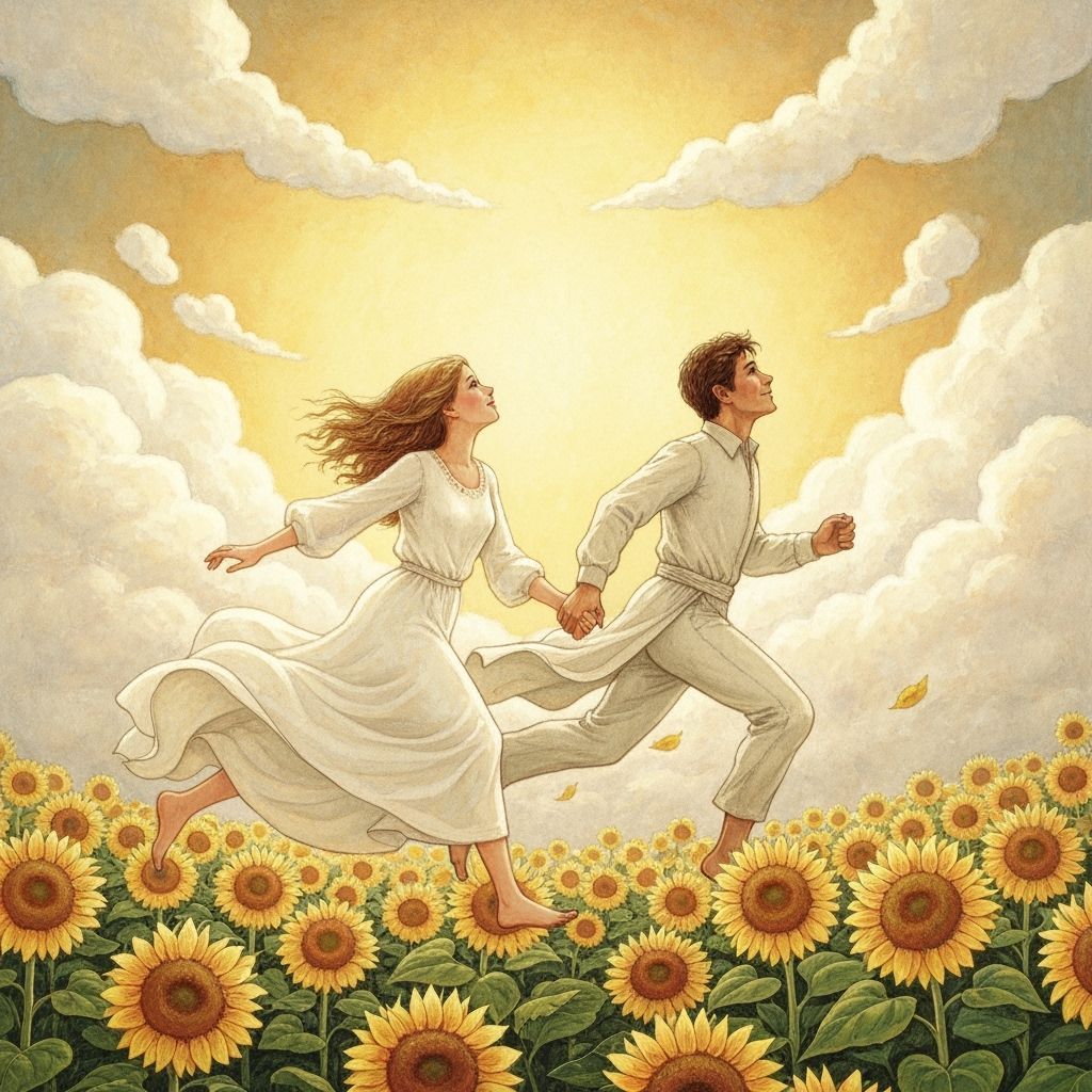 Lovers Gliding Through Sunflower Field: Gouache