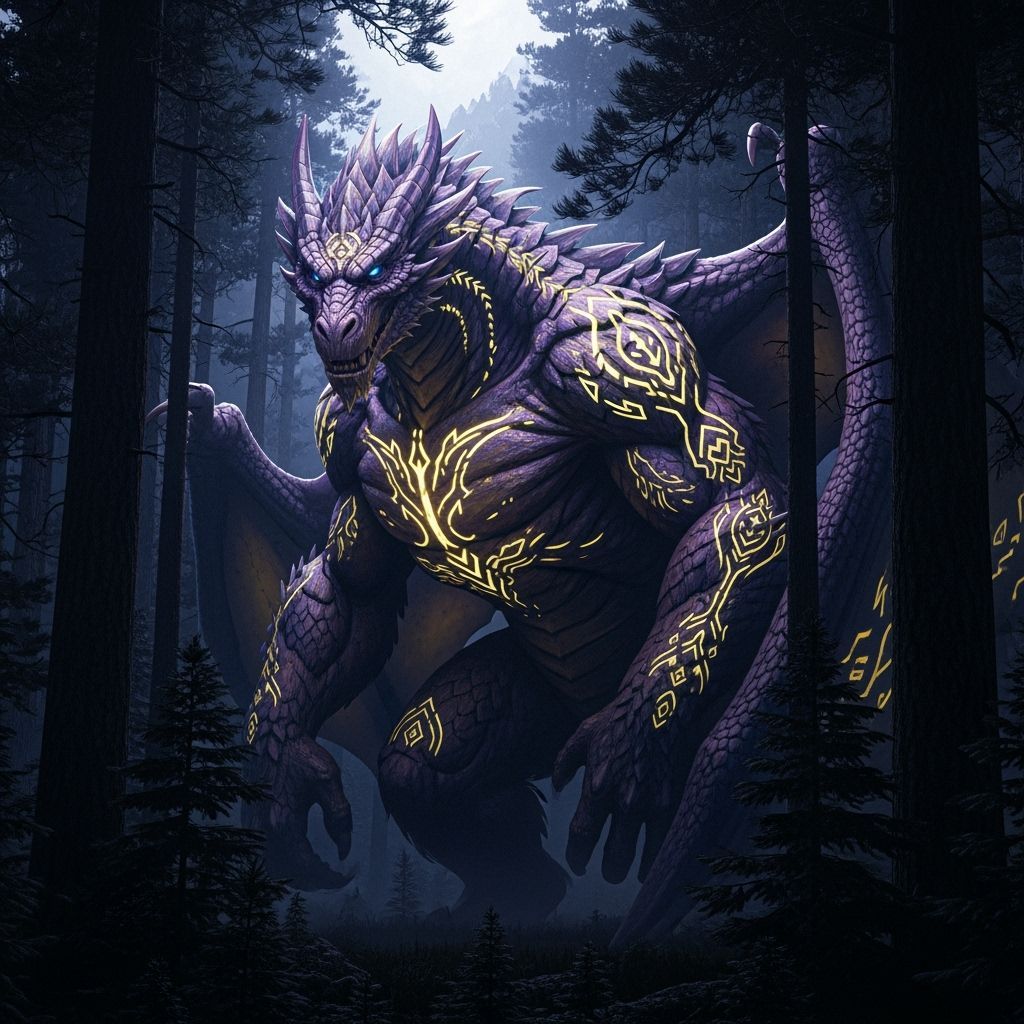 Bigfoot Dragon Hybrid in Moonlit Pine Forest