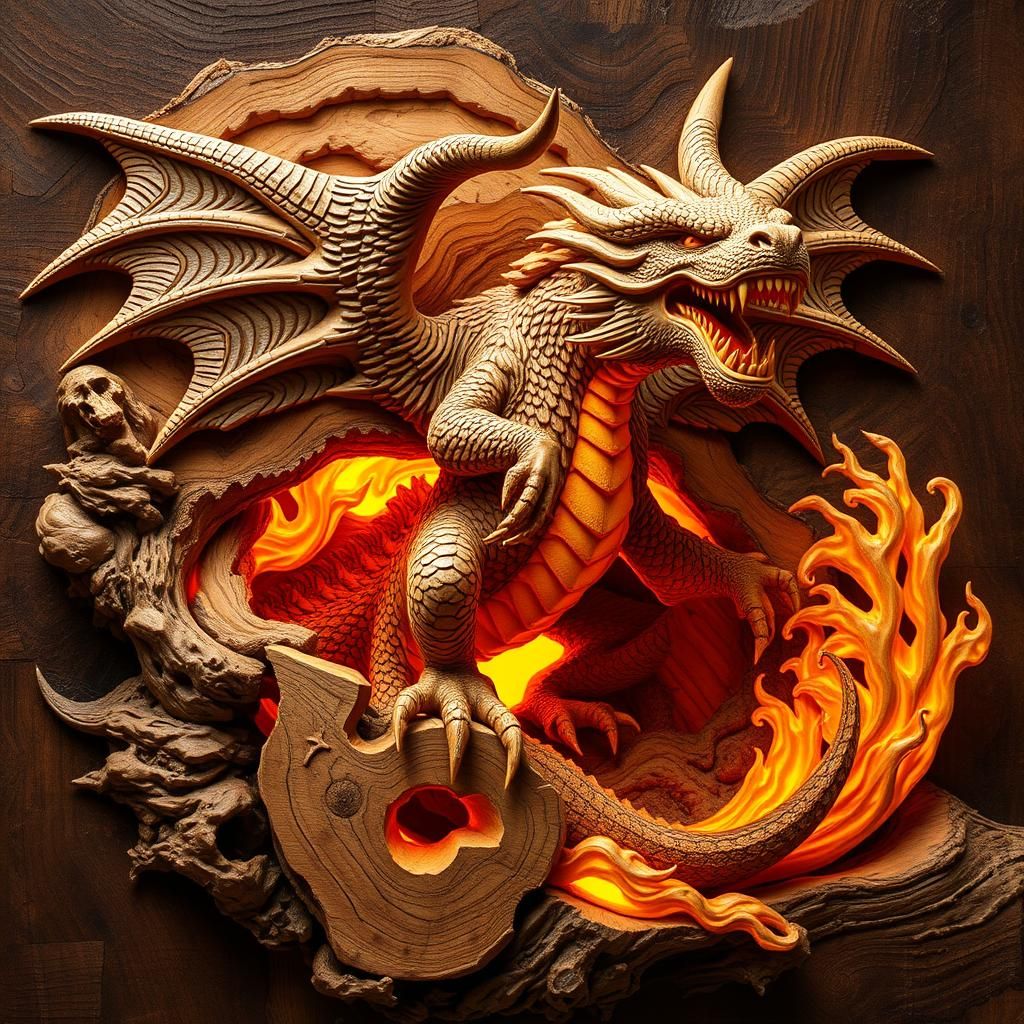 Detailed Wood Carving of a Ferocious Dragon