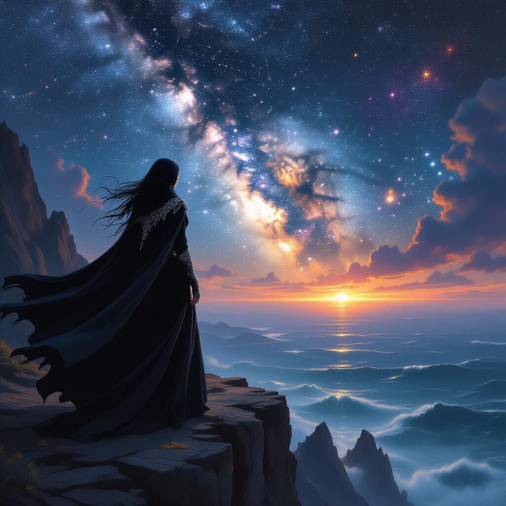 Witch Overlooking Cosmic Ocean in Dark Fantasy Style